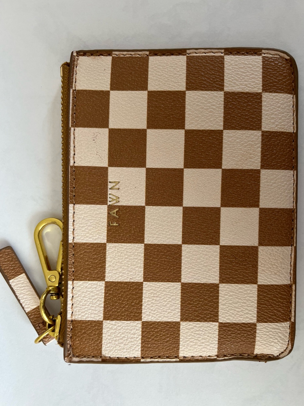 Fawn Design Brown & Cream Checker Zip Card Wallet with Gold Hardware
